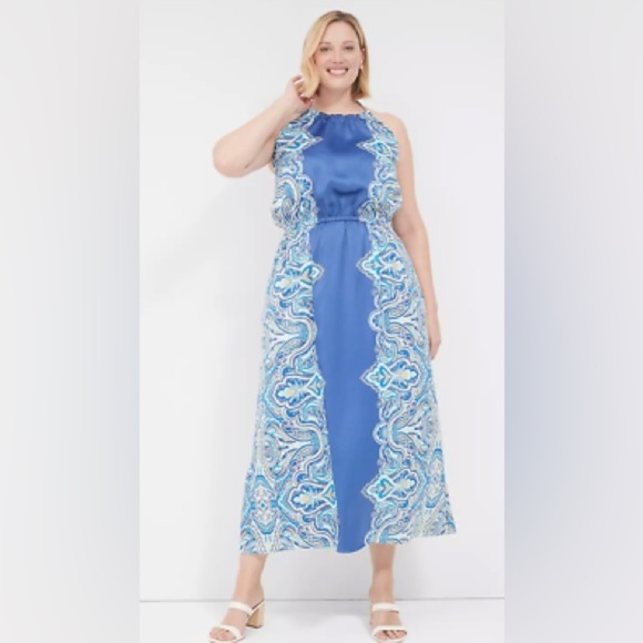 Lane Bryant satin Mirror Blue Paisley Halter maxi Dress size 20 new with tag NWT - Picture 1 of 6